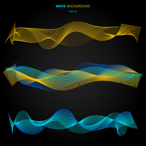 Abstract blue and yellow smooth waves lines elements on black background. Vector illustration