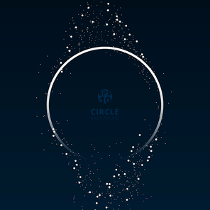 Circle white frame galaxy and space concept with particles on dark blue background. Circular ring light shining glowing sparkle effect dust explosion. Vector illustration