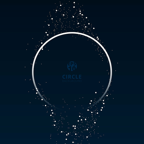 Circle white frame galaxy and space concept with particles on dark blue background. Circular ring light shining glowing sparkle effect dust explosion. Vector illustration