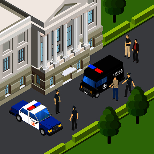 Law justice system isometric composition with crime suspect arrest by police officers scene summer outdoor vector illustration