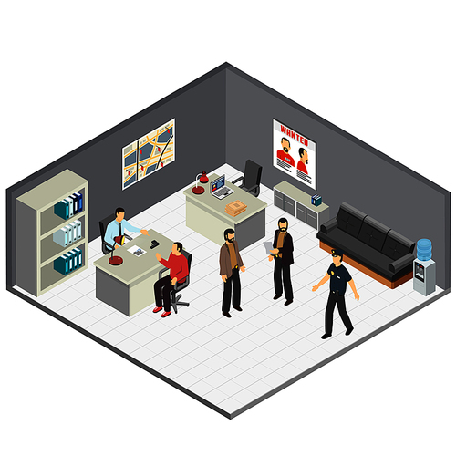 Law justice detectives office isometric composition with crime case investigators  interview witness reconstructing incident details vector illustration