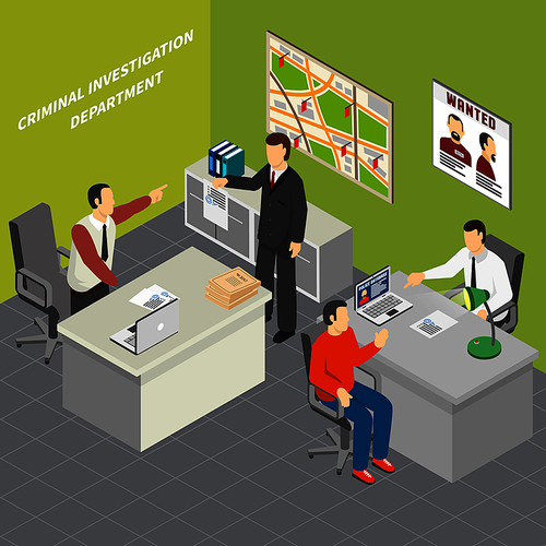 Law justice criminal investigation department detectives collecting crime evidence talking to suspect witnesses  isometric composition vector illustration