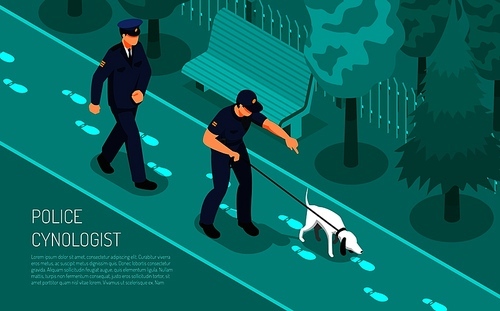 Police cynologist special footsteps tracking dog training assisting detective inspectors in crime investigation isometric composition vector illustration
