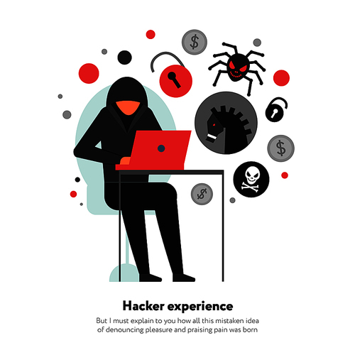 Hacker with laptop and set of icons with computer security threats on white background flat vector illustration