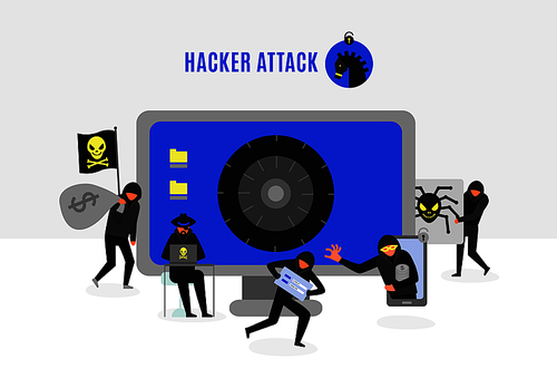 Attack of hacker group composition with computer crackers and safe lock on monitor screen vector illustration