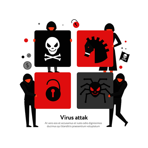 Hackers and threats of computer security on square puzzle elements white background flat vector illustration