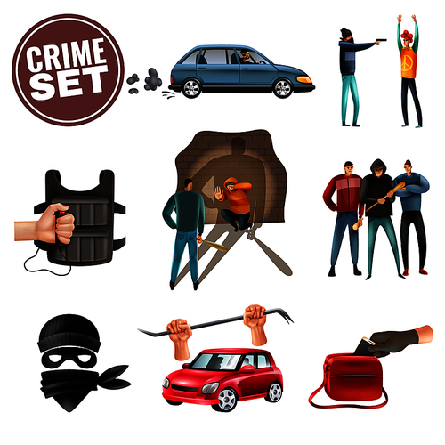 Social crime violence aggression colorful icons set with car theft threatening weapon intimidation robbery isolated vector illustration