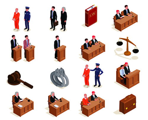 Law justice isometric icons collection of sixteen isolated images with human characters during sitting of court vector illustration
