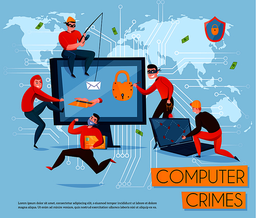 Hacker group composition with computer crimes headline and five scammers steal information vector illustration