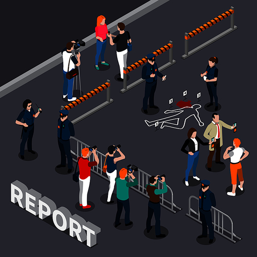 Photographer videographer isometric composition with roped-off area policemen and people near the scene of crime vector illustration