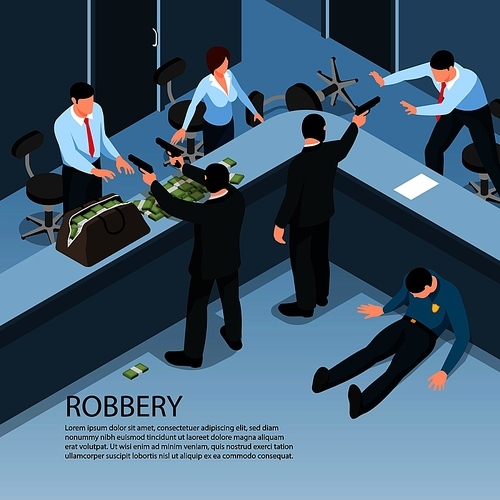 Isometric criminal background with indoor scenery of robbery characters of people with money bags and guns vector illustration