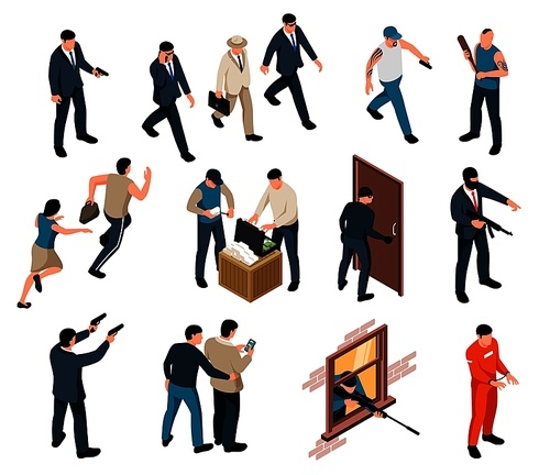 Collection of isolated isometric human characters of criminals and their victims with weapons on blank background vector illustration
