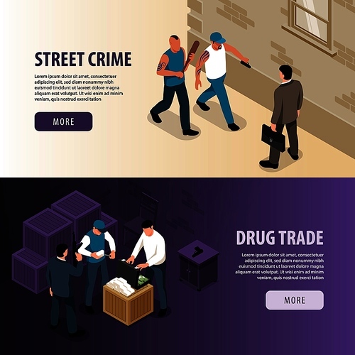Set of two horizontal isometric criminal banners with buttons text and characters of cosh boys pushers vector illustration