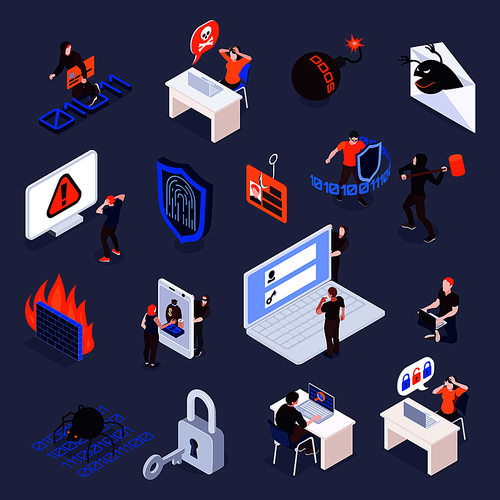 Cyber security and internet crimes isometric icons set 3d isolated vector illustration