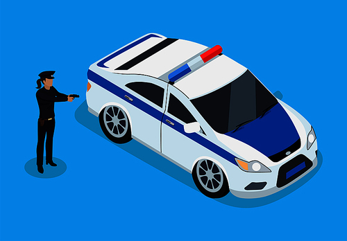 Police officer and car icons 3D isometric. Policewoman with gun and automobile profession of protecting people from criminals. Cop isolated on vector