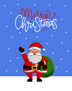 Merry Christmas greeting card with Santa Clause sending best wishes. Xmas old man says hello by hand up, bag full of presents behind, vector postcard