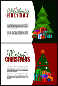 Christmas holidays greeting cards with fir trees. Vector invitation leaflets with spruces decorated by balls and topped by star, piles of presents in boxes