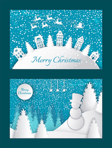 Merry Christmas greeting postcards with houses and spruces on hill, Santa and deer riding in sky. Forest with snowman, snowy trees, wintertime landscapes vector