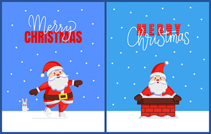 Merry Christmas cards with Santa look out from chimney. Vector cartoon image of Jack Frost with hare helper. Character of Father Xmas in stovepipe