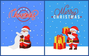 Christmas greeting cards with Santa Claus and gifts. Vector character of Jack Frost fold up holiday presents. Fairytale hero sitting with wishlist