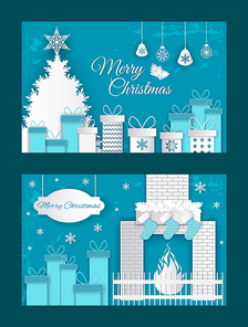 Merry Christmas origami postcard with abstract fire in fireplace, presents with bows in gift boxes. Vector paper cut greeting card with snowflakes