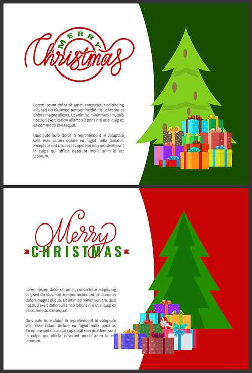 Merry Christmas lettering inscriptions on invitations. Wishes of happy New Year, spruces and forest pines, vector Green Xmas trees and piles of gifts