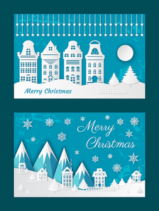 Merry Christmas, old town paper cuts, city view vector. Cut out of vintage buildings and snowing weather, mountains and hills. Evening and snowflakes