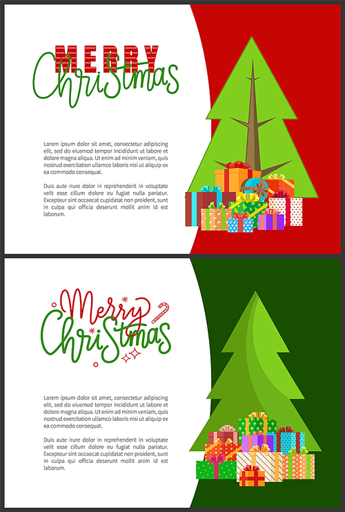Merry Christmas and happy New Year wishes, lettering inscriptions samples. Postcard with green Xmas trees with cones, presents in decorative wrappings