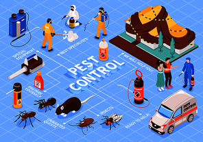 Pest control home office disinfection service isomeric flowchart with professional team equipment car insect rats vector illustration