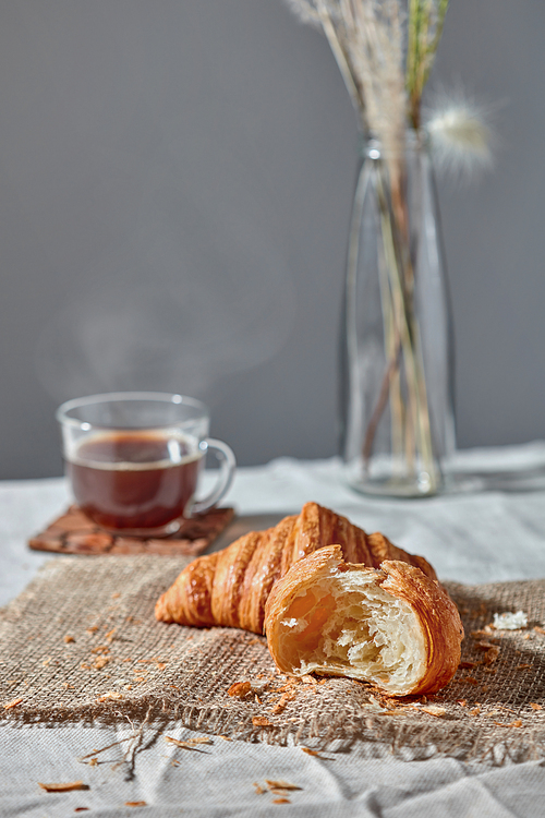 Freshly baked homemade croissants with crumbs on a textile with hot aromatic coffee on a gray textile background. Place for text. Continental breakfast.