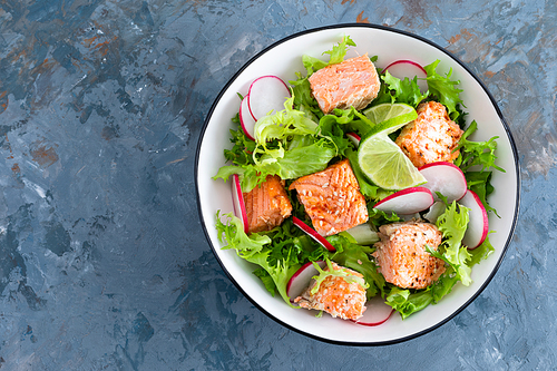Healthy lunch salad with baked salmon fish, fresh radish, lettuce and lime. Top view