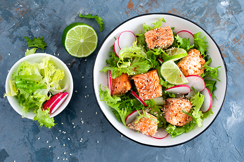 Healthy lunch salad with baked salmon fish, fresh radish, lettuce and lime. Top view