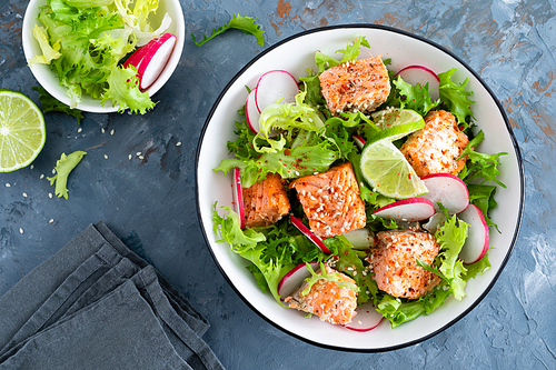 Healthy lunch salad with baked salmon fish, fresh radish, lettuce and lime. Top view