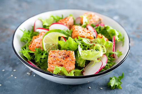 Healthy lunch salad with baked salmon fish, fresh radish, lettuce and lime