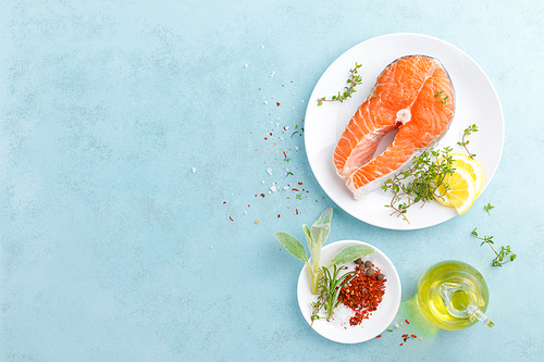 Fresh raw salmon fish steak with ingredients for cooking