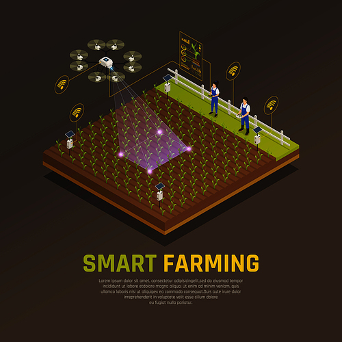 Agriculture automation smart farming composition with editable text and view of field cultivation with modern technologies vector illustration