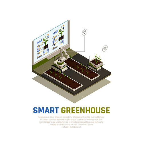 Smart farming concept with agriculture and greenhouse automation isometric vector illustration