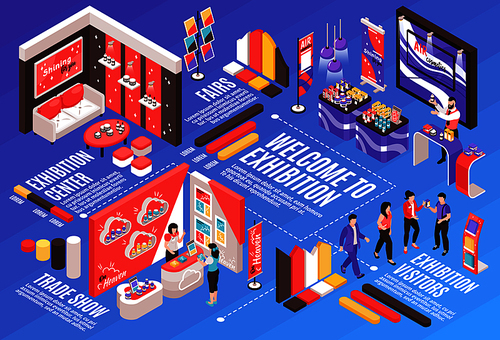 isometric expo stand horizontal composition with infographic  text captions dashed lines and exhibition booth design vector illustration