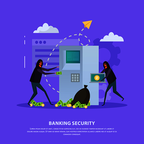 Banking security flat composition with hackers during atm robbery on violet background vector illustration