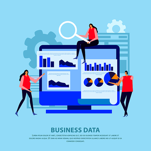 Search and processing of business data flat composition with charts on computer screen blue background vector illustration