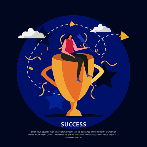 Success concept flat background with editable text and female human character sitting on top of trophy vector illustration
