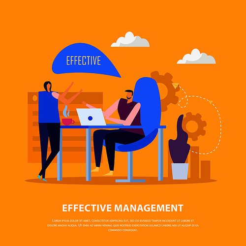 Effective management concept flat background with gear pictograms and human characters of office workers with text vector illustration