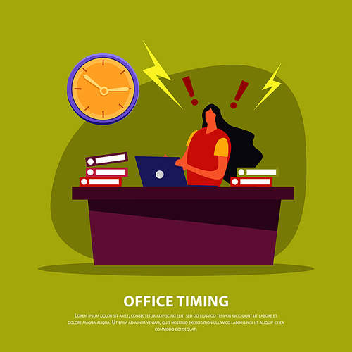 Office employee during hard work in deadline on green background flat vector illustration