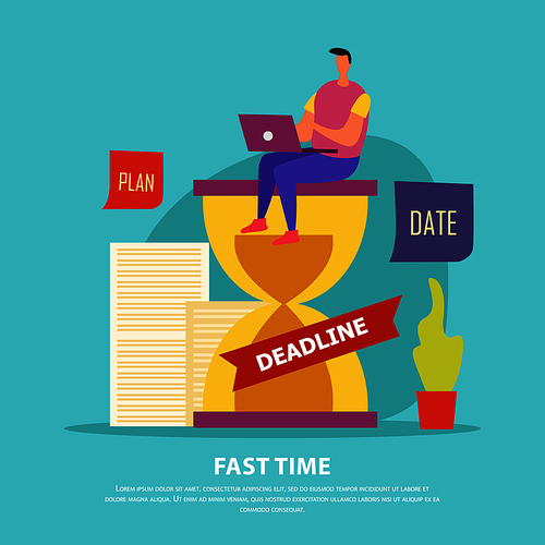 Fast time composition man on hourglass with laptop during work in deadline blue background flat vector illustration
