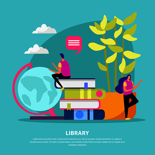 Library flat composition with human characters books house plant and globe on turquoise background vector illustration