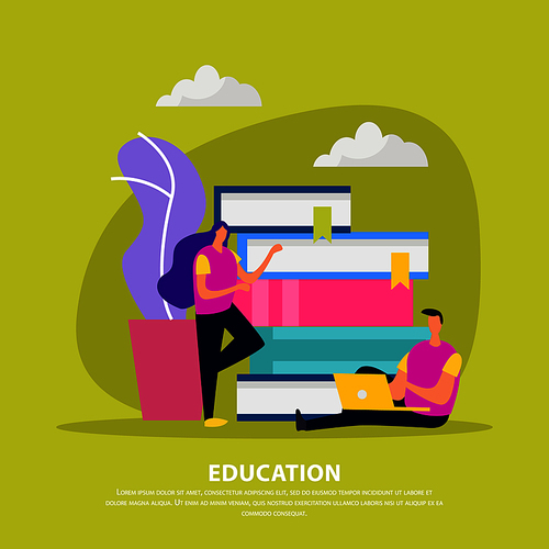 Education flat composition with library books human characters with electronic device on olive background vector illustration