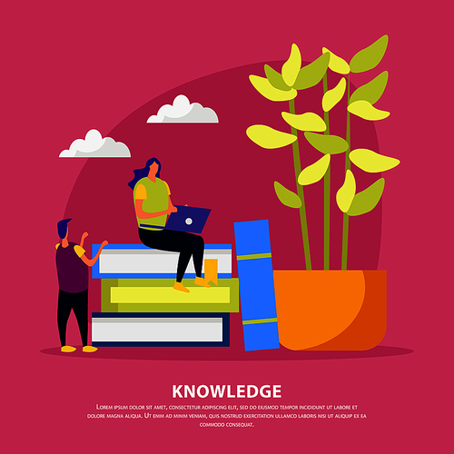 Library of knowledge flat composition human characters near pile of books on pink background vector illustration
