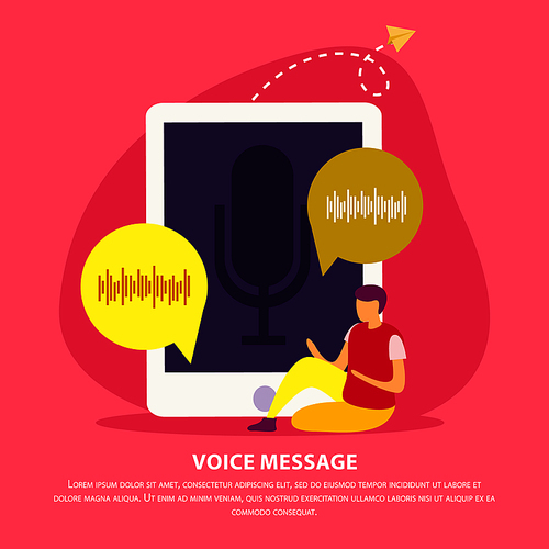 Flat background with male character sending voice message by intelligent audio identification app in his smartphone vector illustration