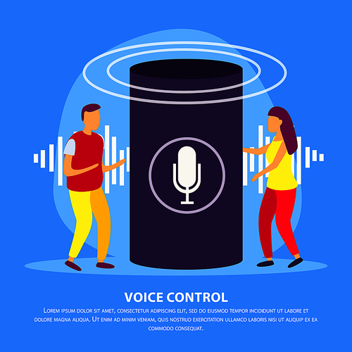 Smart speaker with voice control flat background with young couple demonstrating device for their smart home vector illustration