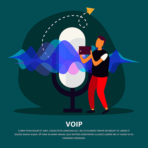 Voip communication flat background with man holding device with support voice over internet protocol service vector illustration